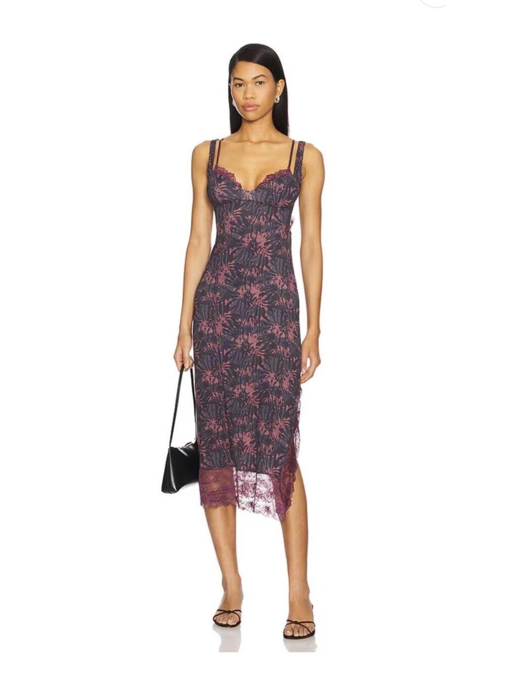 NWT- x Intimately Fp Party Crasher Midi Slip Dress in Deep Charcoal Combo